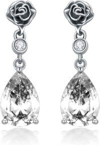 wholesale 925 Sterling Silver Vintage Rose Dangle Earrings with Birthstone Gifts for Women-04-White Crystal