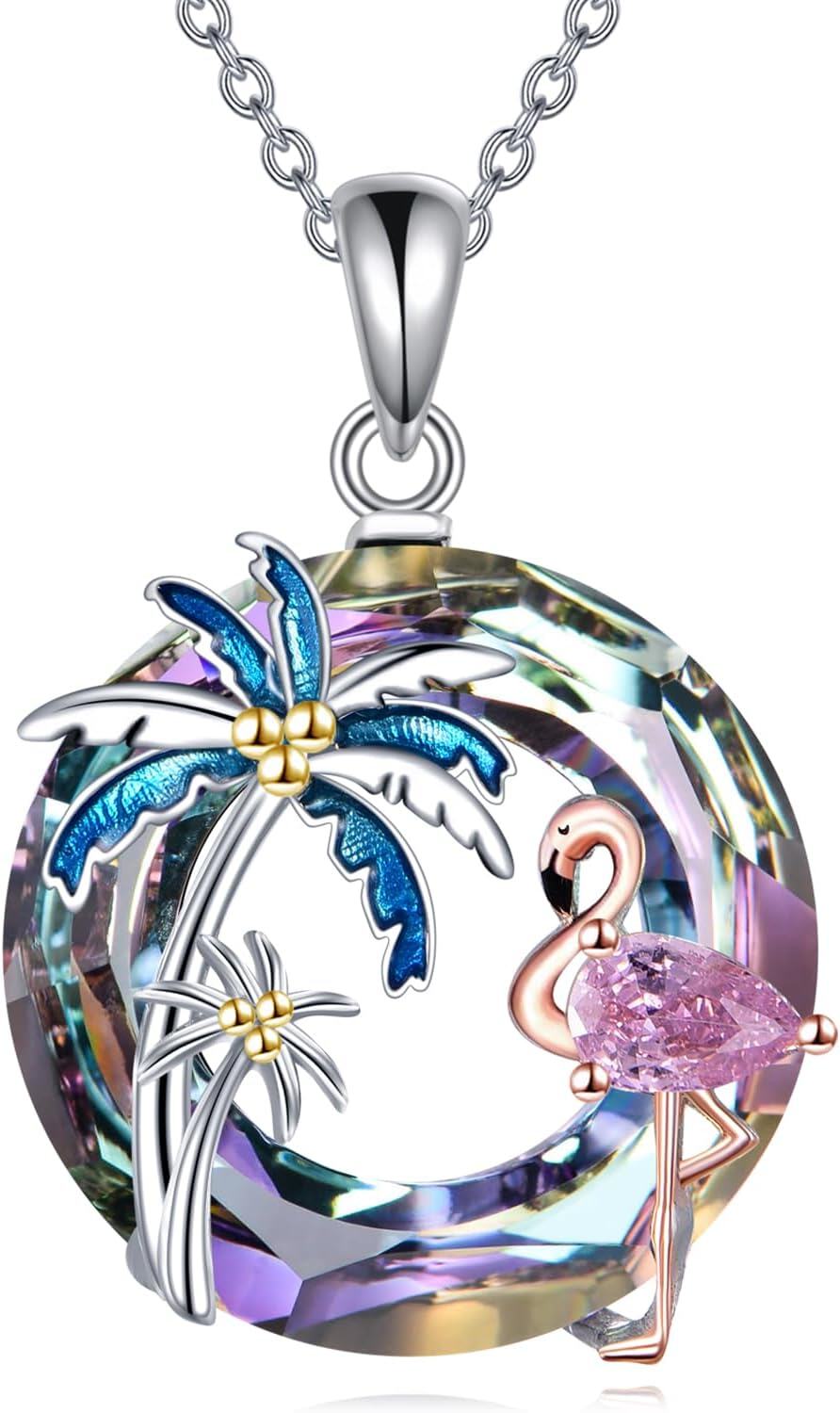 Sterling Silver Crystal Flamingo Pendant Necklace w Palm Trees-Flamingo-Purple