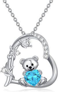 wholesale  Sterling Silver Crystal Teddy Bear Necklace Birthstone Jewelry Gift for Women -03-March Birthstone