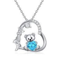 wholesale 925 Sterling Silver Crystal Teddy Bear Necklace Birthstone Jewelry Gift for Women-03-March Birthstone