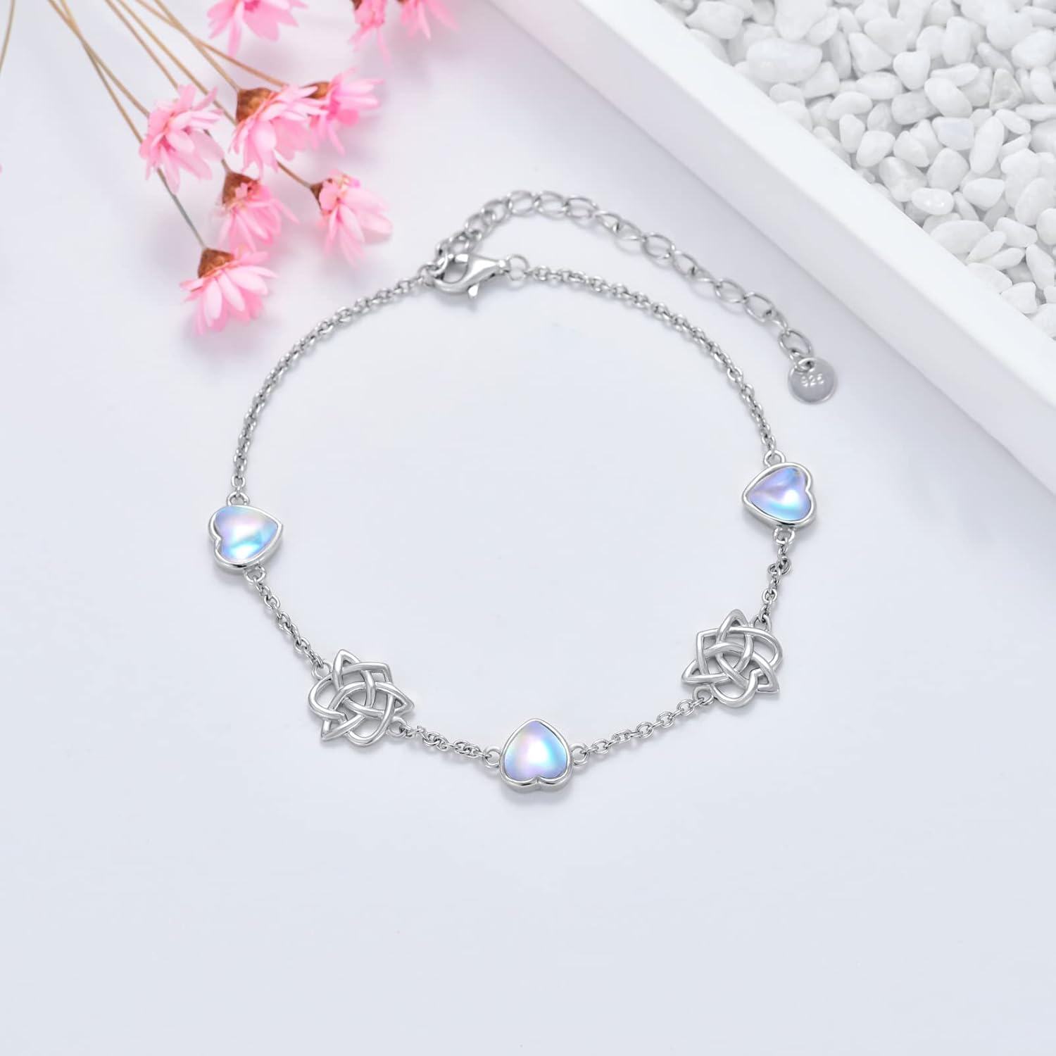 wholesale 925 Sterling Silver Heart Celtic Knot Bracelet with Opalite Beads and Chain Link Design for Women Girls  6-8 Adjustable Length-0-3
