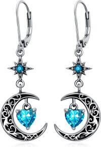 wholesale Sterling Silver Moon Star Birthstone Dangle Earrings-03-Mar-Aquamarine