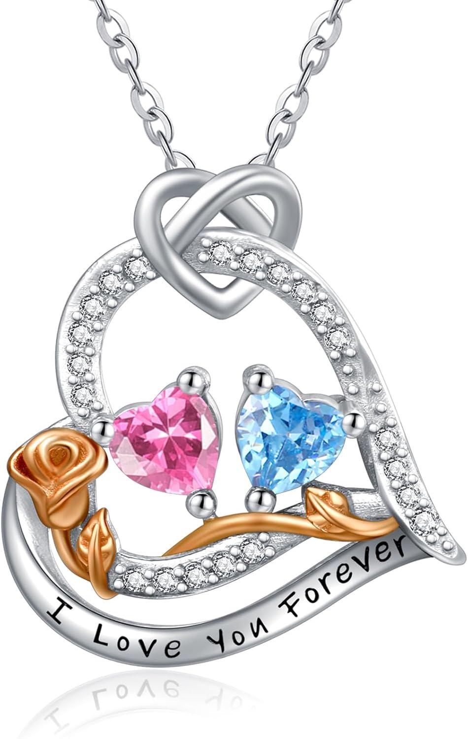  Sterling Silver 2 Birthstones Rose Heart Necklace for Women -10-12-Oct-Dec