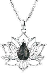 wholesale 925 Sterling Silver Moss Agate 7 Chakra Yin Yang Lotus Pendant Necklace-Moss Agate-Lotus