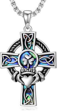 wholesale Sterling Silver Cross Pendant Necklace for Men Women Protection Amulet Religious Gift with 22 +2 Rolo Chain (with Gift)-A-Claddagh Cross(Abalone)