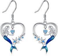 wholesale 925 Sterling Silver Blue Crystal Heart Mermaid Sea Life Drop Dangle Leverback Earrings-Mermaid