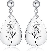 wholesale Sterling Silver Floral Teardrop Earrings w Birth Flower Engraved Gift for Women-4-April-Daisy