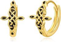 wholesale Gold 925 Sterling Silver Celtic Knot Huggie Hoop Earrings with Black CZs - Hypoallergenic Jewelry for Women and Girls-2-Gold