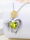 wholesale S925 Sterling Silver Gold Plated Peridot Sunflower Heart Pendant Necklace - You Are My Sunshine, August Birthstone Gift for Women-0-3