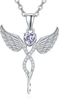 wholesale Sterling Silver Angel Birthstone Necklace with 12 Crystal Gemstones for Women-06-Jun-Lab Created Alexandrite