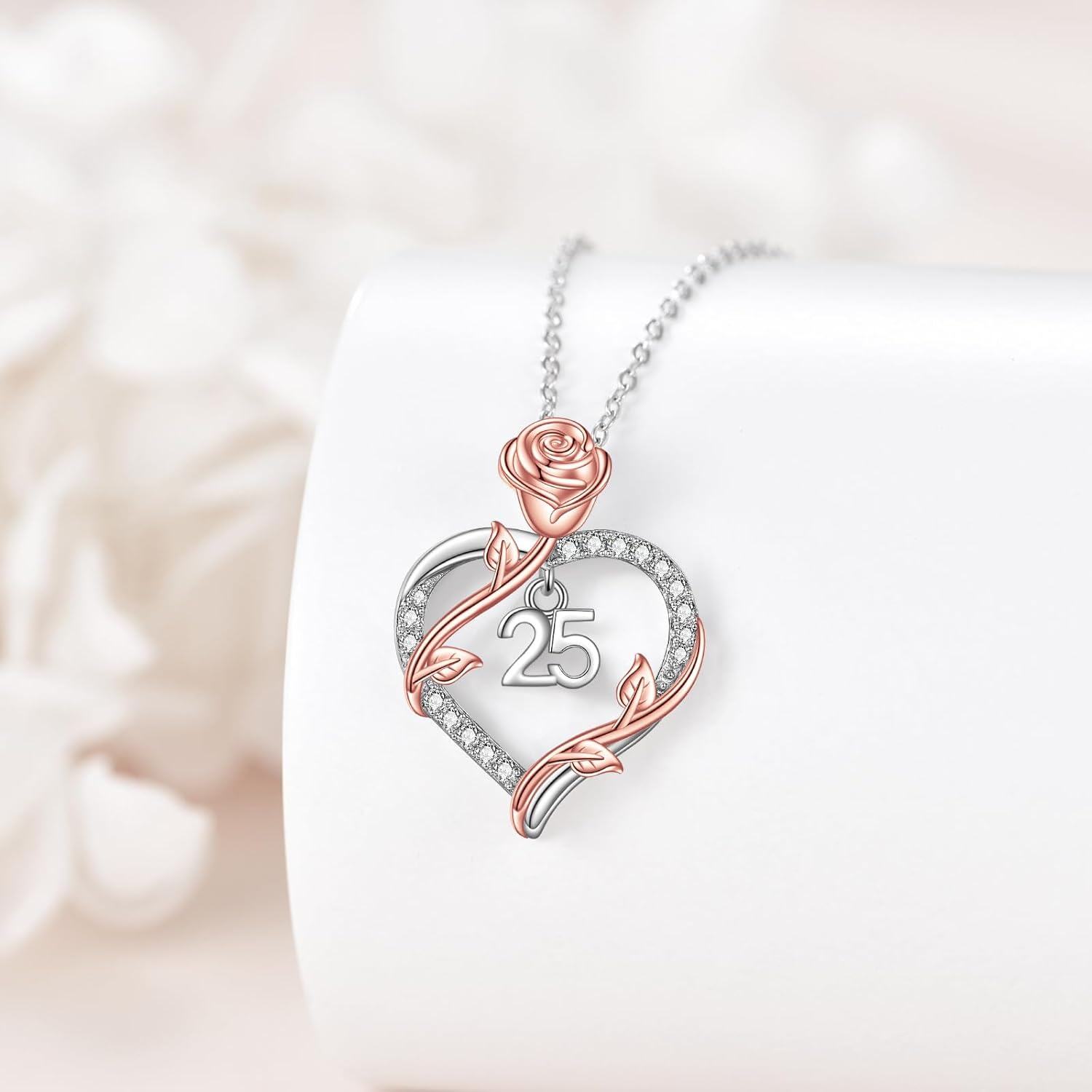 925 Sterling Silver 25th Anniversary Rose Flower Love Heart Pendant Necklace for Women-0-3