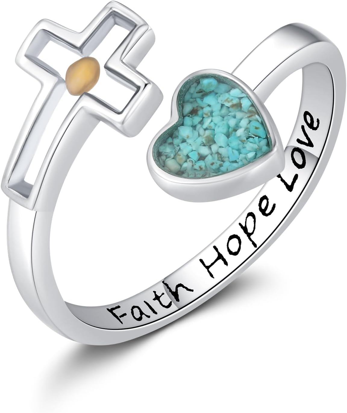 Sterling Silver Faith Ring Adjustable Open Christian Jewelry Gift for Women-Turquoise Gravels