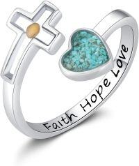 wholesale 925 Sterling Silver Faith Ring Adjustable Open Christian Jewelry Gift for Women-Turquoise Gravels