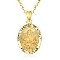 wholesale Gold-Plated 925 Sterling Silver St Therese of Lisieux Medal Necklace with Pray For Us Inscription and Roses Design - Catholic Gift for Women (18+2) Chain-Saint Therese of Lisieux