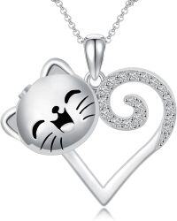 wholesale 925 Sterling Silver Cat Face Heart Locket Pendant with Cubic Zirconia and Paw Print Charm Necklace for Ashes Keepsake Memory Jewelry-04-Cat Urn Necklace