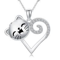 wholesale 925 Sterling Silver Cat Face Heart Locket Pendant with Cubic Zirconia and Paw Print Charm Necklace for Ashes Keepsake Memory Jewelry-04-Cat Urn Necklace