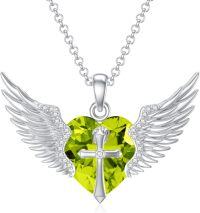 wholesale Sterling Silver Gold Angel Wings Necklace with Cross Birthstone Valentine s Gift-08-Aug-Peridot White Gold