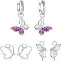 wholesale 925 Sterling Silver Pink Crystal Butterfly Drop Earring Set for Women (Set of 3)-0-0