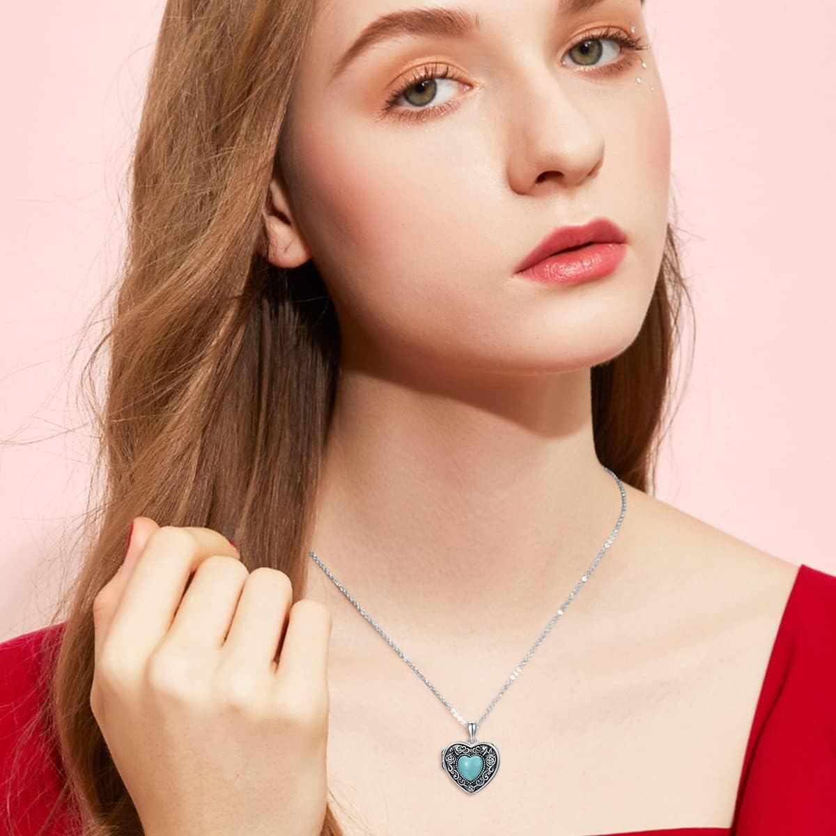 Sterling Silver Turquoise Heart Locket Necklace for Women Grandma-0-2