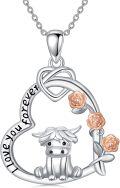 wholesale 925 Sterling Silver Highland Cow with Rose and Heart Pendant Necklace-0-0