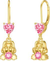 wholesale Gold 925 Sterling Silver Pink Heart Dog Pendant Drop Earrings  for Women Girls-Dog