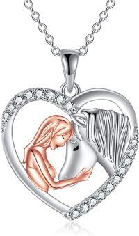wholesale 925 Sterling Silver Unicorn Heart Pendant Necklace with Rose Gold Accents and Cubic Zirconia Stones for Women-1-Heart Horse Necklace