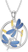 wholesale 925 Sterling Silver Blue Enamel Gold Accents CZ Dragonfly Pendant Necklace for Women-0-0