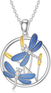 wholesale 925 Sterling Silver Blue Enamel Gold Accents CZ Dragonfly Pendant Necklace for Women-Type 1