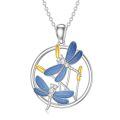wholesale 925 Sterling Silver Blue Enamel Gold Accents CZ Dragonfly Pendant Necklace for Women-0-0