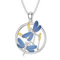 wholesale 925 Sterling Silver Blue Enamel Gold Accents CZ Dragonfly Pendant Necklace for Women-Type 1