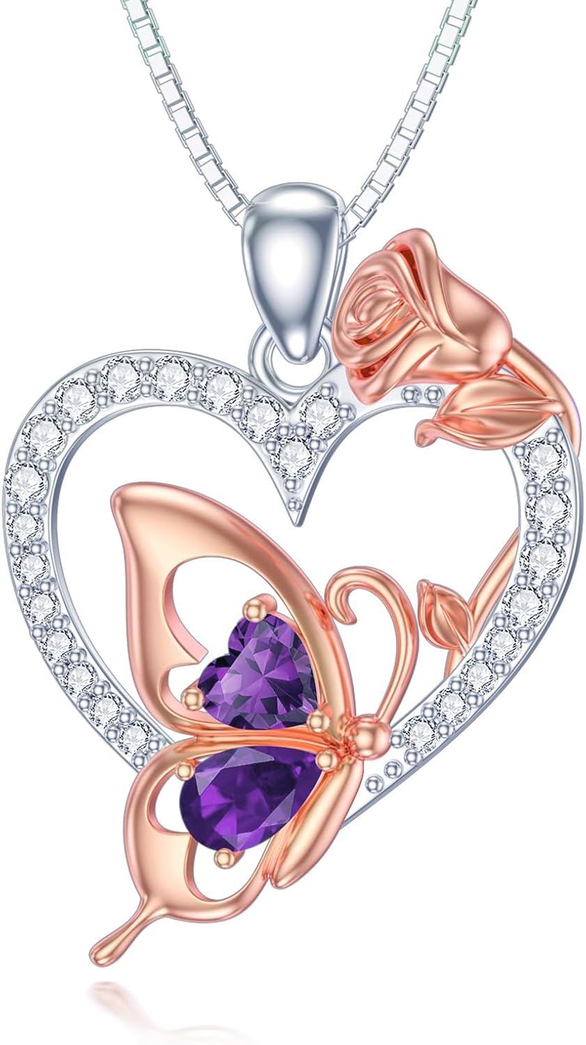  Sterling Silver Zircon Butterfly Heart Necklace for Women Birthday Gift -February