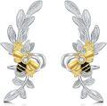 wholesale 925 Sterling Silver Bee Studs with Leaves and Crystal Accents for Non-Pierced Ears-0-0