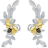 wholesale 925 Sterling Silver Bee Studs with Leaves and Crystal Accents for Non-Pierced Ears-Gold Bee