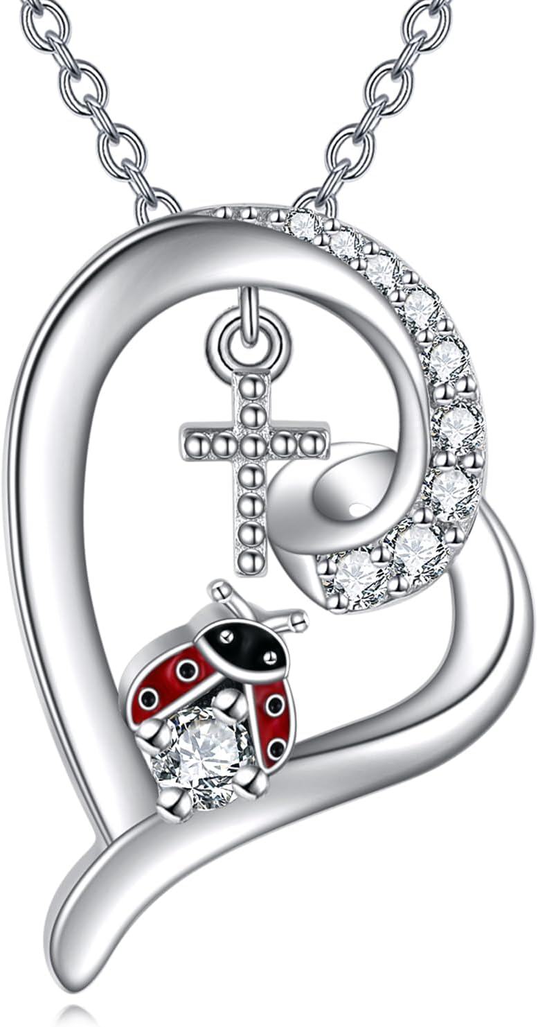 Sterling Silver Ladybug Necklace with Stone for Women Mother Daughter Gifts-Cross