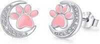 wholesale 925 Sterling Silver Pink Enamel Moon & Paw Print Stud Earrings for Women Girls Animal Lover Gifts-Pink