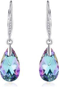 wholesale 925 Sterling Silver Teardrop Purple Blue Aurora Borealis Crystals Leverback Earrings-white gold-blue crystal