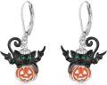 wholesale 925 Sterling Silver Halloween Cat Pumpkin Leverback Hoop Earrings-0-0