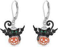 wholesale 925 Sterling Silver Halloween Cat Pumpkin Leverback Hoop Earrings-Black Cat Pumpkin