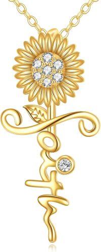 wholesale 14K Gold Sunflower and Cross Pendant Necklace with Cubic Zirconia - Christian s for Her-Faith-Sunflower