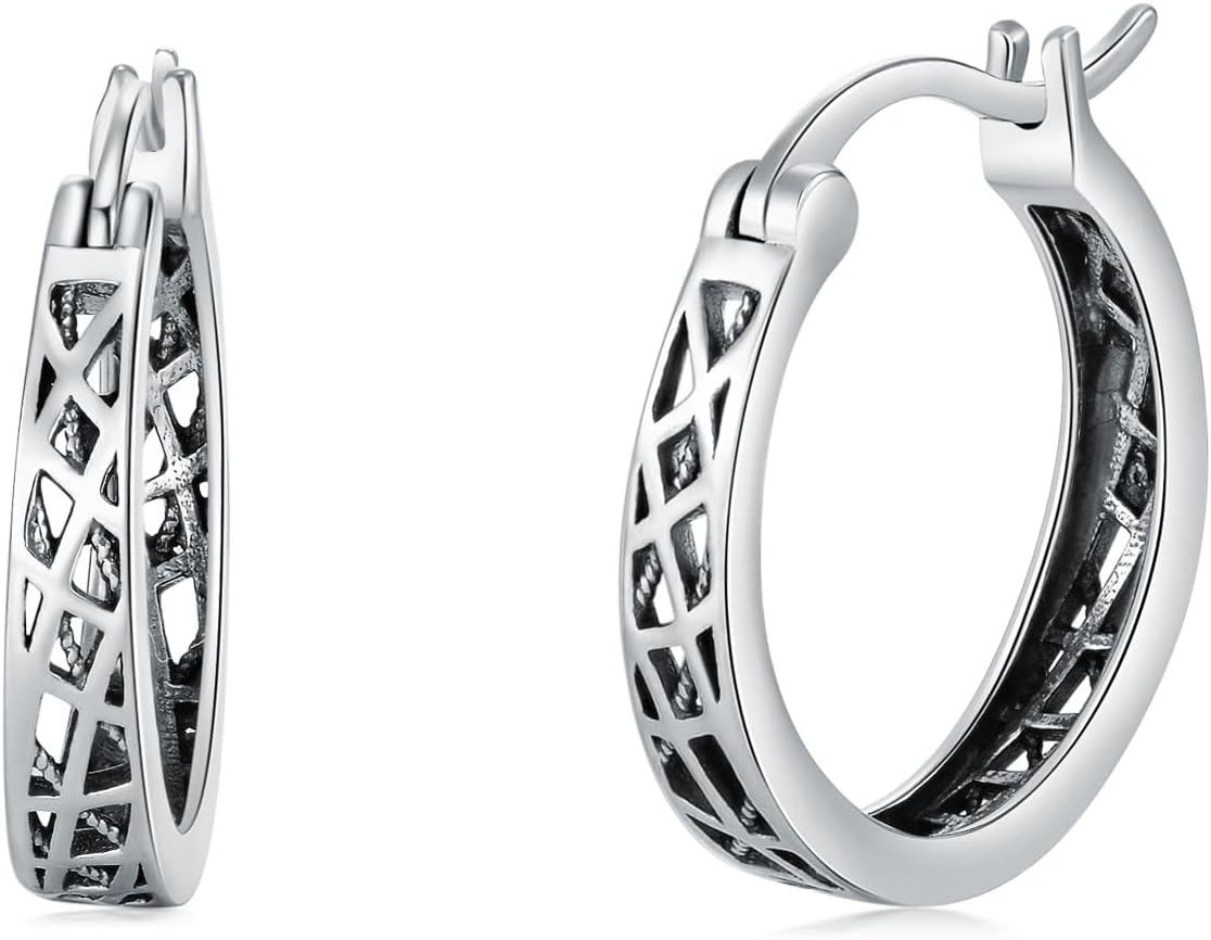 Sterling Silver Hypoallergenic Small Hoop Sun Leaf Triangle Huggie Earrings for Women-Grid-Oxidizied-Grid-Oxidizied