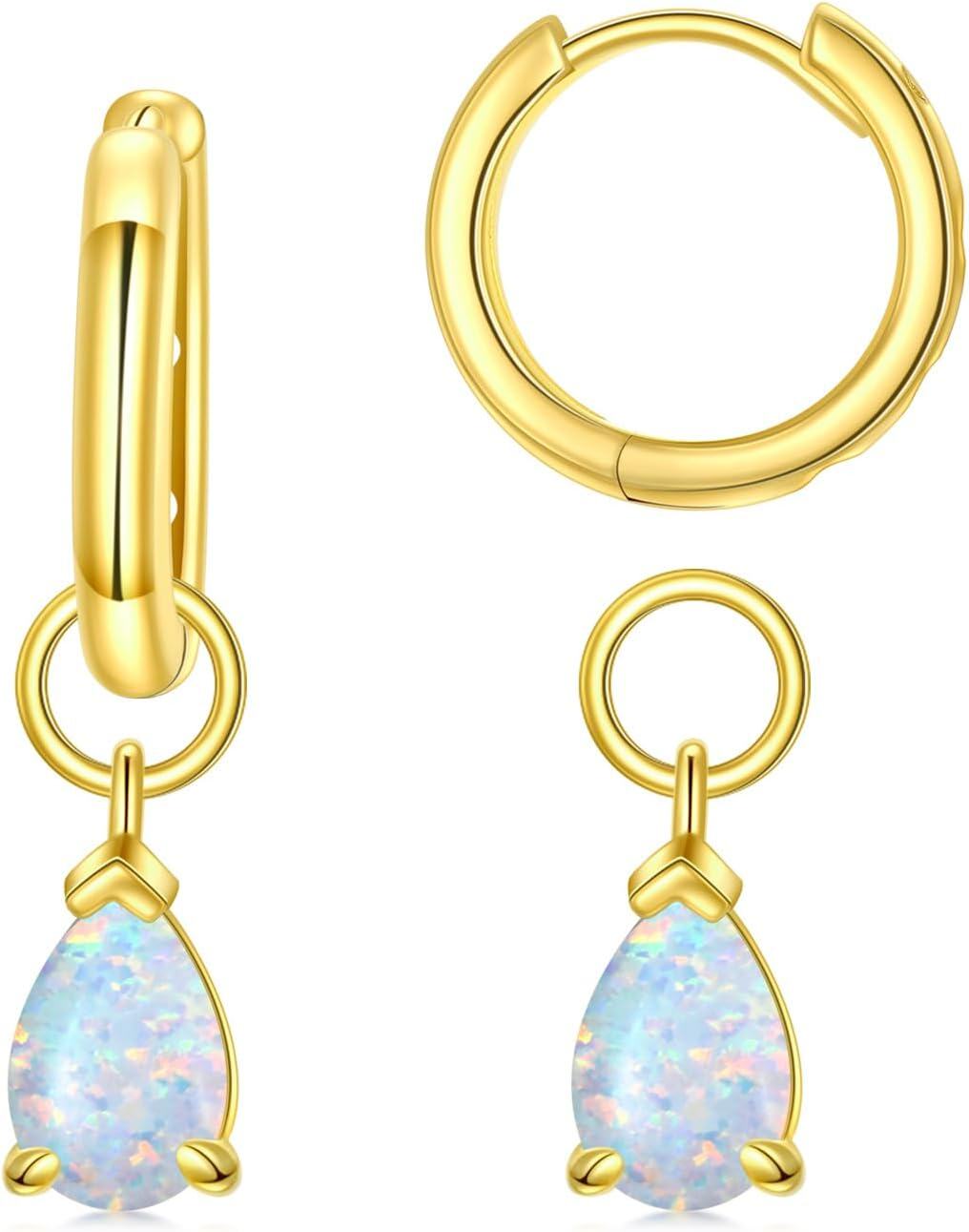  Gold Cubic Zirconia Huggie Hoop Earrings with Dangle Charms for Sensitive Ears -Opal