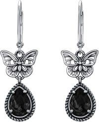 wholesale Sterling Silver Butterfly Earrings with Austrian Simulated Birthstone Crystals Vintage Retro Oxidized Dangle Drop Jewelry Gifts for Women-Black