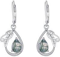 wholesale 925 Sterling Silver Vintage Moonstone/Moss Agate Dangle Earrings 9 * 6 Pear Cut Gemstone with Leaf Leverback for Women-Moss Agate