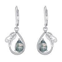 wholesale 925 Sterling Silver Vintage Moonstone/Moss Agate Dangle Earrings 9 * 6 Pear Cut Gemstone with Leaf Leverback for Women-Moss Agate