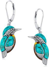 wholesale 925 Sterling Silver Natural Turquoise and Amber Bird Drop Earrings - Native American Style-B_French Back