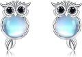 wholesale 925 Sterling Silver Moonstone Owl Stud Earrings w/Black CZ Eyes & Blue Stone Body - Mothers' Day Gift-0-0