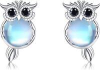 wholesale 925 Sterling Silver Moonstone Owl Stud Earrings w/Black CZ Eyes & Blue Stone Body - Mothers' Day Gift-Owl-Owl