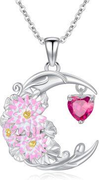 wholesale 925 Sterling Silver Birthstone Crescent Moon Floral Pendant Necklace-07-Jul-Lotus