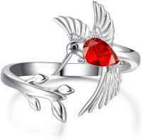 wholesale 925 Sterling Silver Birthstone Hummingbird Leaf Ring Adjustable Jewelry Gift-01-January-Garnet