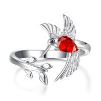wholesale 925 Sterling Silver Birthstone Hummingbird Leaf Ring Adjustable Jewelry Gift-01-January-Garnet